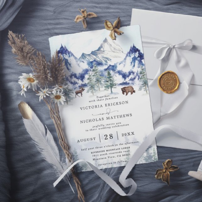 Rustikale Bergwald Baum Hochzeit mit QR-Code im Bu Einladung (Von Creator hochgeladen)