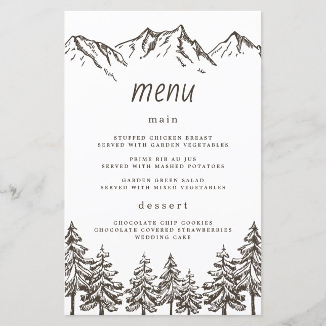 Rustikale Bergwelt Elegantes Pine Wedding Menu Kar (Vorderseite)