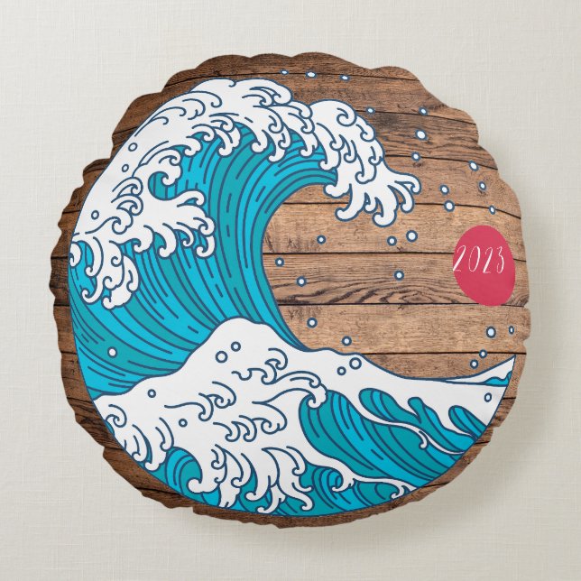 Rustikale Bezeichnung Wave and Sun - Name des Jahr Rundes Kissen (Vorderseite)
