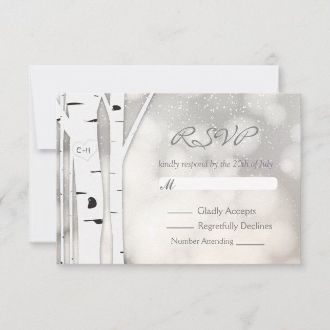 Rustikale Birch Tree Winter White Snowy RSVP Card (Vorderseite)