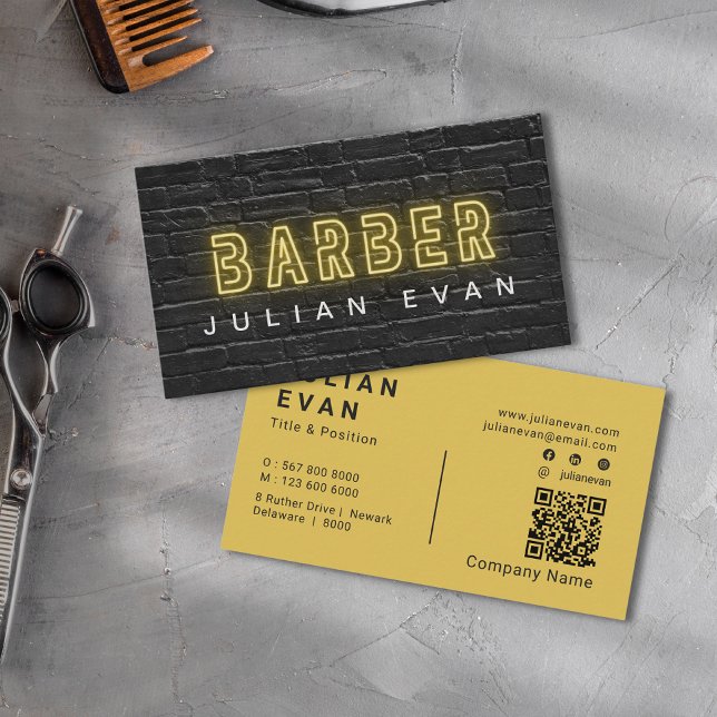 Rustikale Black Brick Wall Neon Typografy Barber Visitenkarte (Rustic Black Brick Wall Yellow Typography Barber Business Card)