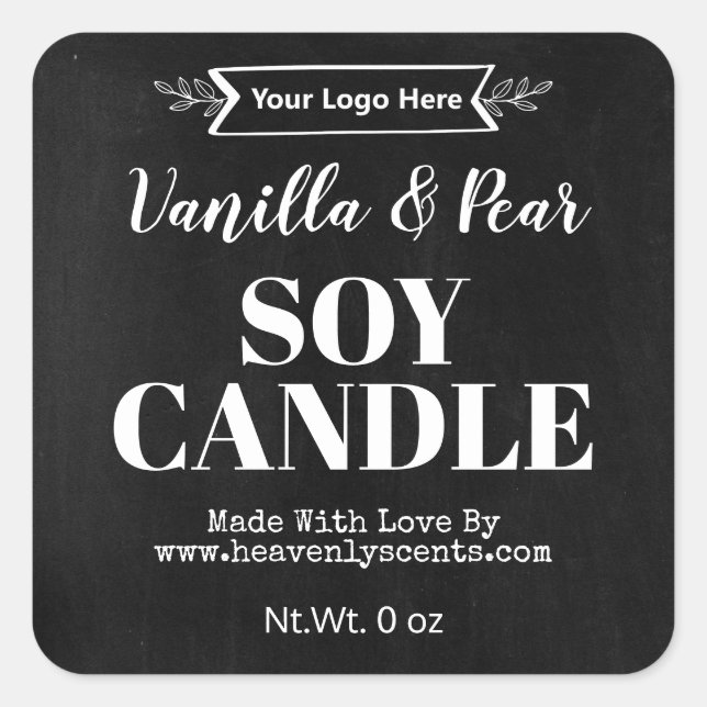 Rustikale Black Chalkboard Soy Candle Add Logo Lab Quadratischer Aufkleber (Vorderseite)