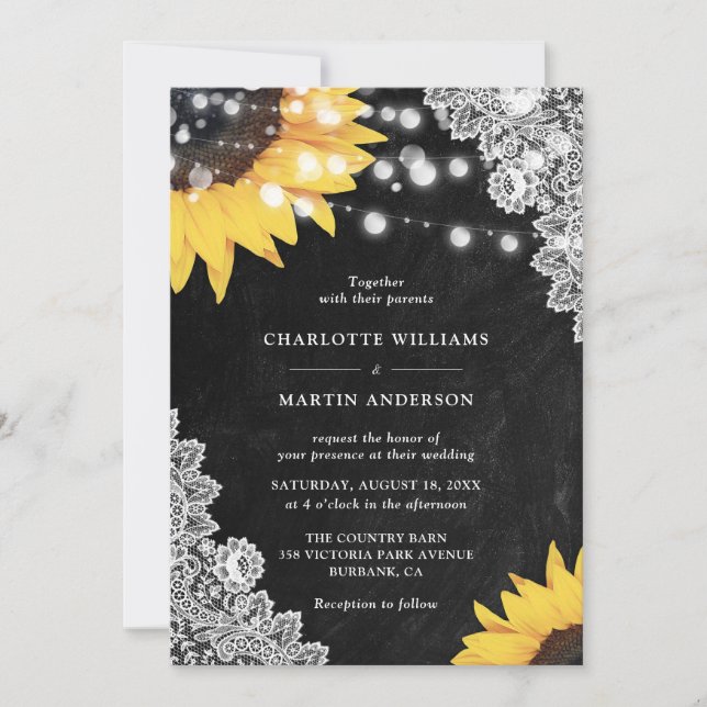 Rustikale Black Chalkboard Spitzen Sonnenblumen Ho Einladung (Vorderseite)