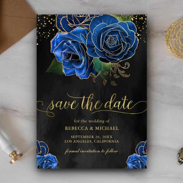 Rustikale Black Gold Royal Blue Floral Wedding Save The Date (Von Creator hochgeladen)