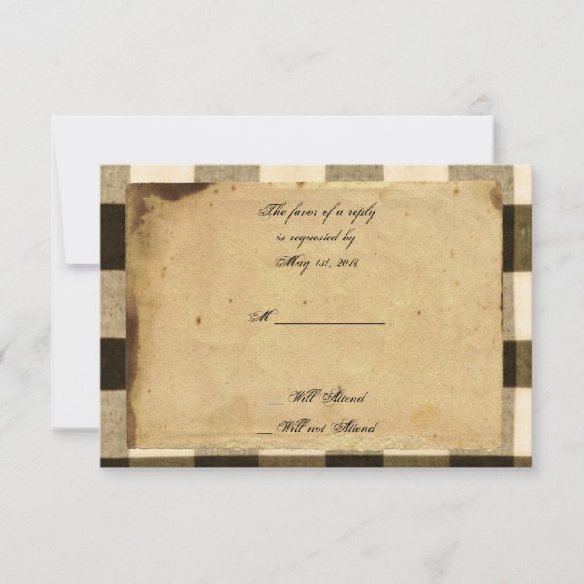 Rustikale Black Sepia Karo Response Card RSVP Karte (Vorderseite)