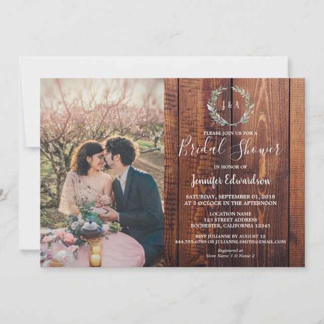 Rustikale Blätter auf Holz-Monogramm-Foto-Brautpar Einladung (Vorderseite)