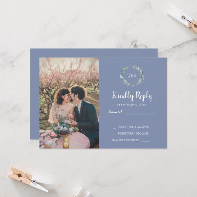 Rustikale Blätter auf Holz-Monogramm-Foto UAWG Wed Einladung (Vorderseite/Rückseite Beispiel)