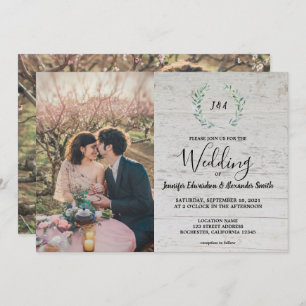 Rustikale Blätter auf Monogramm Foto aus Stallholz Einladung