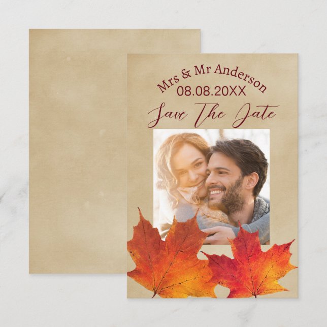 Rustikale Blätter Herbst Hochzeit Save the Date (Vorne/Hinten)