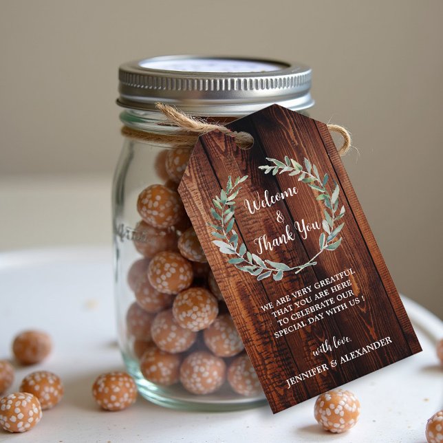 Rustikale Blätter Hochzeit Herzlich willkommen Geschenkanhänger (Rustic watercolor leaves wedding Welcome andThank you favorTags. You can add your own names and text)