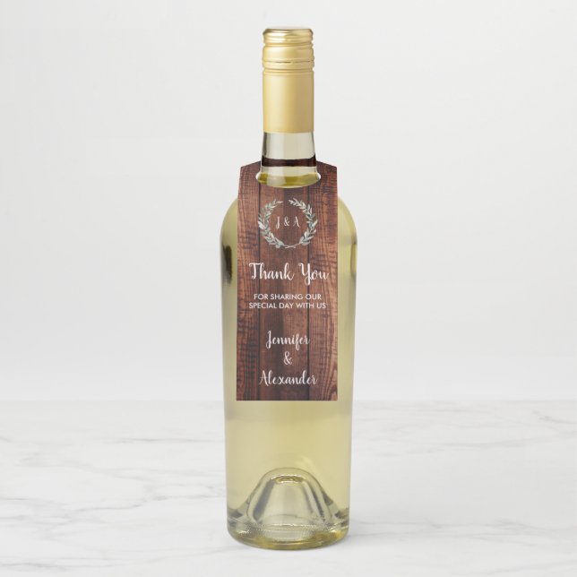 Rustikale Blätter Holz Danke für Ihre Hochzeit Flaschenanhänger (Auf Flasche)