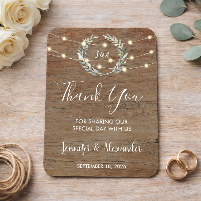 Rustikale Blätter Holz-Lichterkette Danke Hochzeit Magnet (Rustic leaves wood string lights Thank you wedding Magnet. For your perfect rustic wedding.)