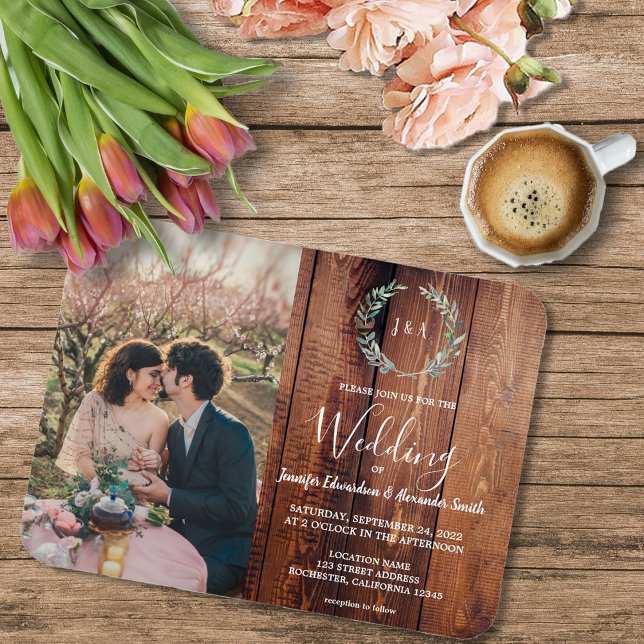 Rustikale Blätter Holz Monogramm Foto Hochzeit Magnet (Rustic wood, watercolor leaves, monogrammed photo wedding magnetic invitation,)