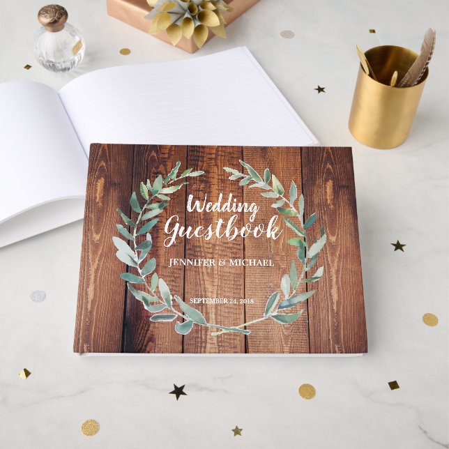 Rustikale Blätter in Aquarelltönen Gästebuch (Vorderseite Offen)