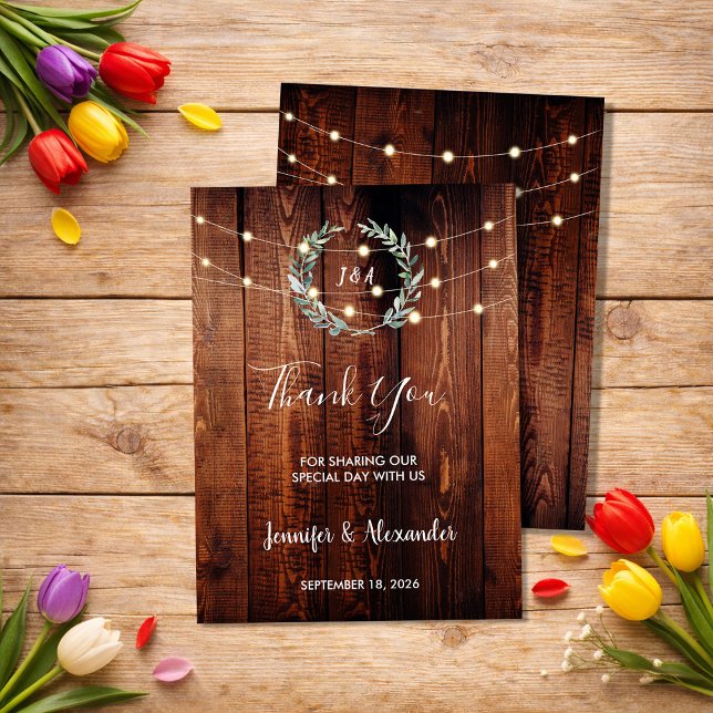 Rustikale Blätter Lichterkette Danke Hochzeitskart (Rustic leaves string lights Thank you wedding card. Beautiful card to say thank you to your guests.)