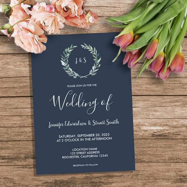 Rustikale Blätter mit Aquarellfarbe Einladung (Rustic watercolor olive leaves monogram Wedding Invitation.)