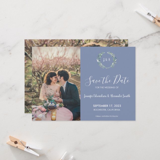 Rustikale Blätter Monogramm Foto Save the Date Einladung (Vorderseite/Rückseite Beispiel)