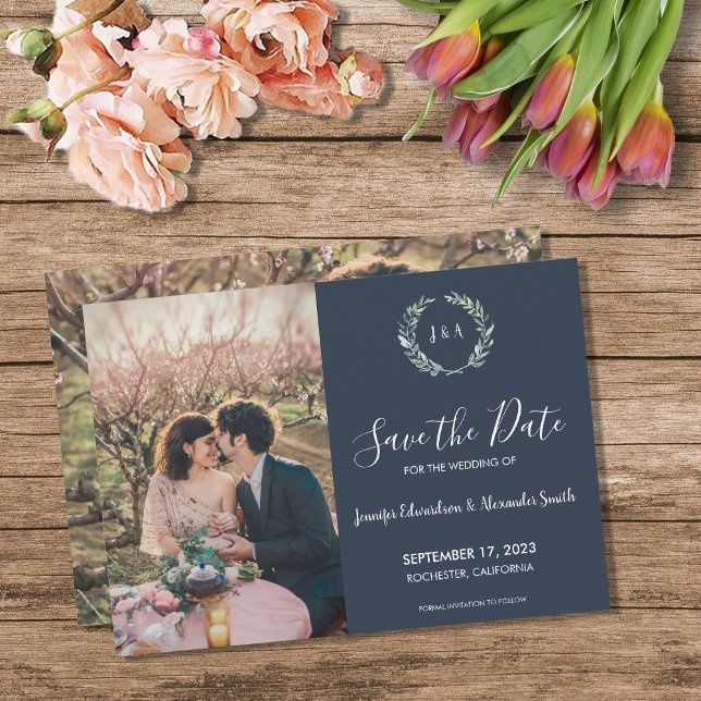 Rustikale Blätter Monogramm Foto Save the Date Einladung (Rustic leaves monogram photo Save the Date Invitation. You can add your own photos and text.)