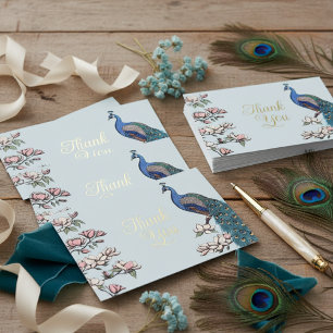 Rustikale Blau & Gold Pfau Danksagungskarte Folieneinladung
