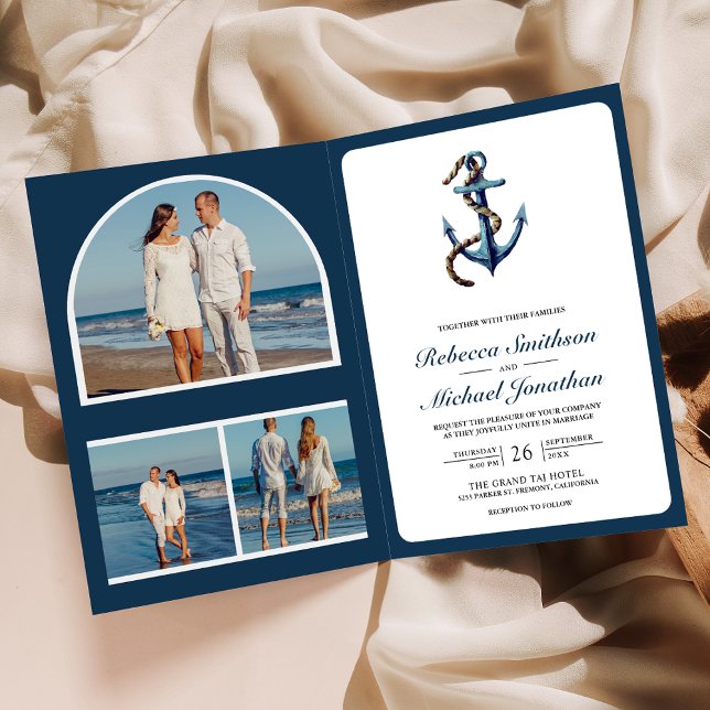 Rustikale blaue Anker-Tau-Foto-QR-Code-Hochzeit Einladung (Von Creator hochgeladen)