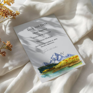 Rustikale Blaue Berg-Wasserfarbe Save The Date Kar
