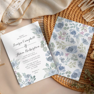Rustikale Blaue Blumige und Eukalyptus-Hochzeit Einladung