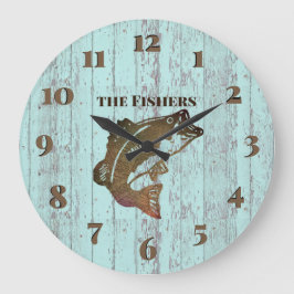 Rustikale blaue Brett-Fischen-Kabine Große Wanduhr