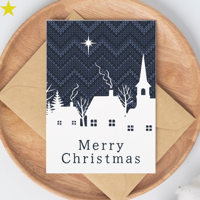 Rustikale Blaue Chevron-Strick-Weihnachtsdorf Karte (Von Creator hochgeladen)