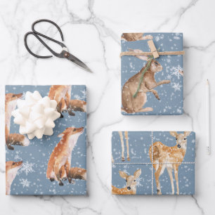Rustikale blaue elegante verschneite Wintertiere Geschenkpapier Set