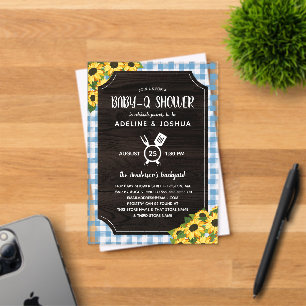 Rustikale Blaue Gingham-Sonnenblumen-Junge-Baby-Q- Acryleinladungen