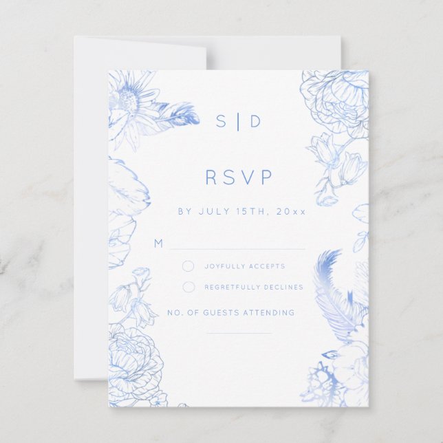 Rustikale blaue Hochzeit mit Blumen RSVP Karte (Vorderseite)