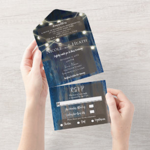 Rustikale Blaue Holz- & Lichter Scheunenhochzeit   All In One Einladung