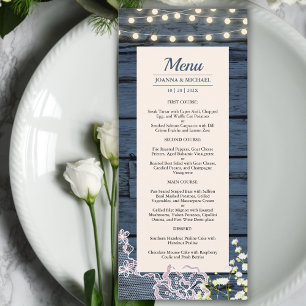 Rustikale blaue Holzsäge und Spitzen-Hochzeit Menükarte