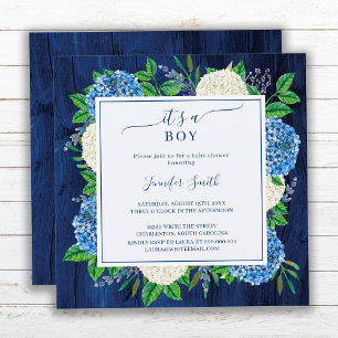 Rustikale Blaue Hortensien It's A Boy Baby Shower Einladung