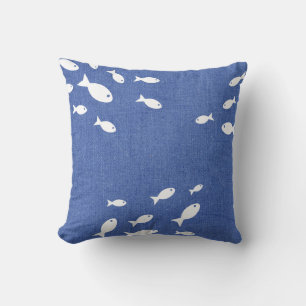 Rustikale blaue Imitate Burlap & White Fish Kissen