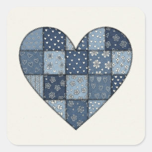 Rustikale blaue Jeans-Patchwork-Herz-Illustration Quadratischer Aufkleber