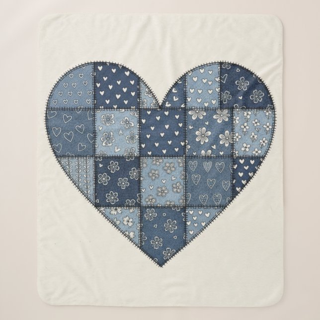 Rustikale Blaue Jeans-Patchwork-Herz-Illustration Sherpadecke (Vorderseite)