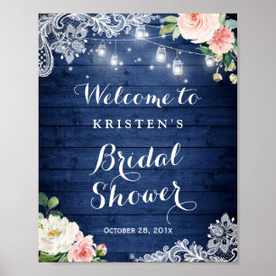 Rustikale blaue Lichterkette Blumen Hochzeitsdusch Poster