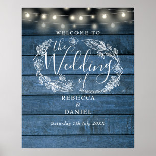 Rustikale blaue Lichterkette Hochzeits-Willkommens Poster