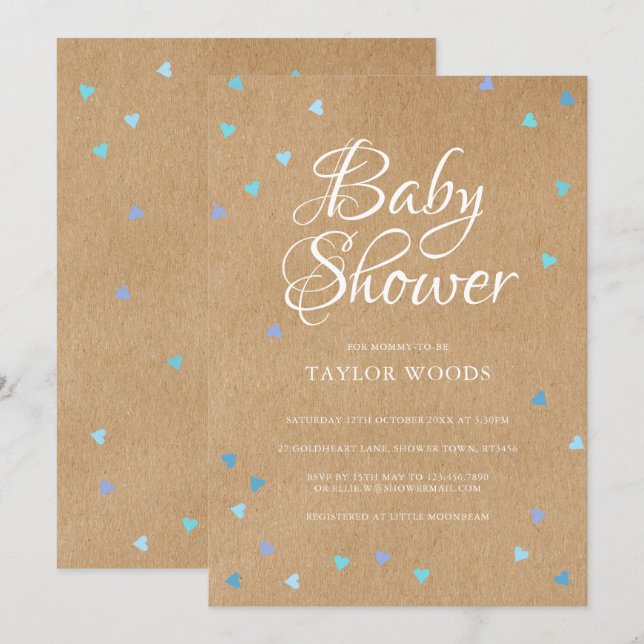 Rustikale blaue Liebe Herz Babyboy Dusche/Sprinkle Einladung (Vorne/Hinten)