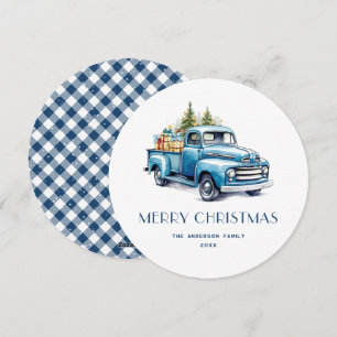Rustikale blaue LKW Gingham Karo Weihnachtskarten Feiertagskarte
