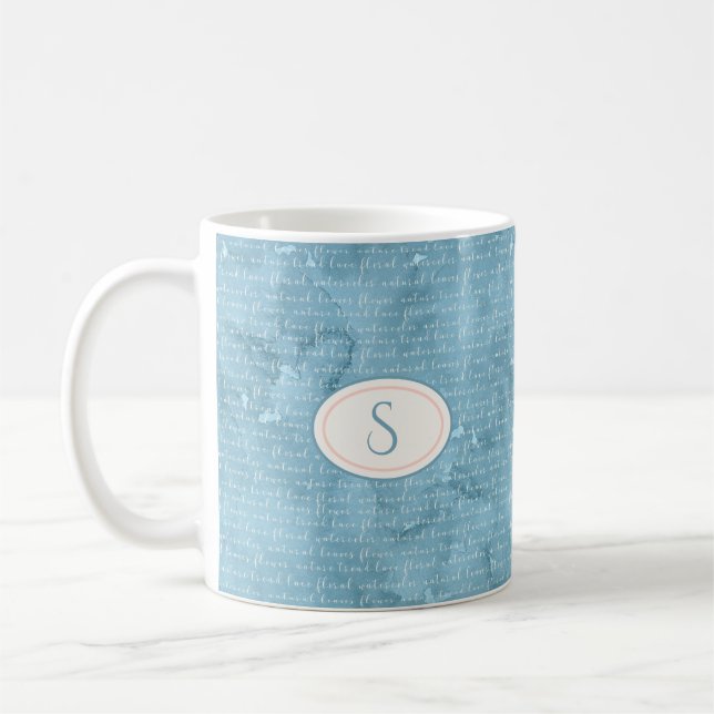 Rustikale blaue Monogramm Floral Typografie Kaffeetasse (Links)
