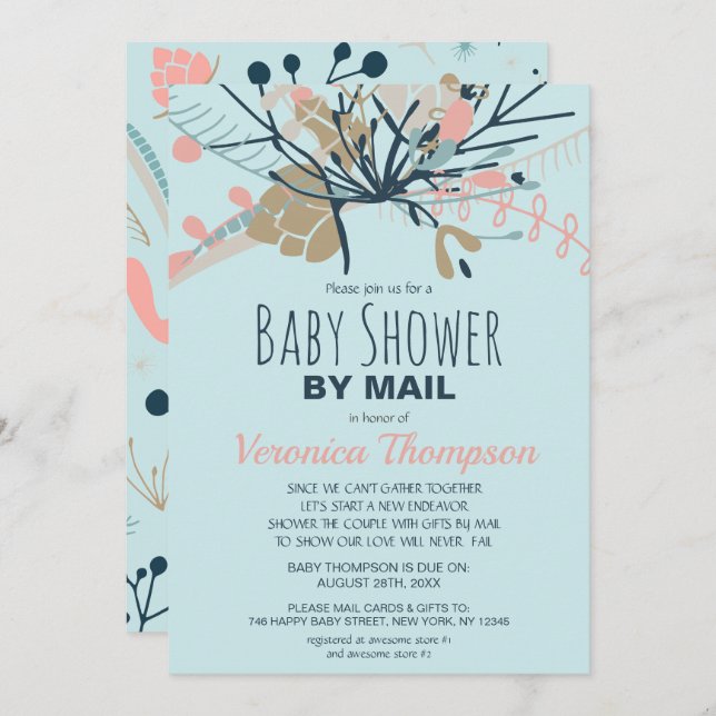 Rustikale blaue Pastel Botanische Babydusche per P Einladung (Vorne/Hinten)