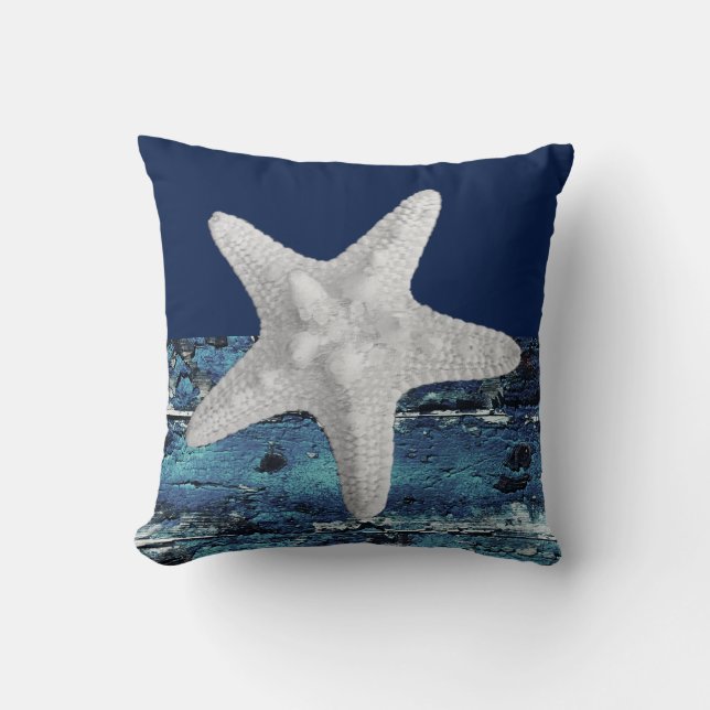 Rustikale blaue Strandstarfish-SeeWurfs-Kissen Kissen (Vorderseite)