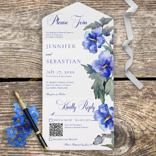 Rustikale Blaue Trichterwinde Floral QR-Code All In One Einladung