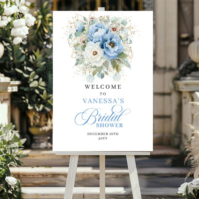 Rustikale blaue und goldene Hochzeitsdusche Begrüß Poster (Rustic Blue and Gold Bridal Shower Welcome)