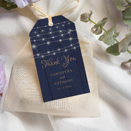 Rustikale blaue und goldene Lichterketten Danke Geschenkanhänger