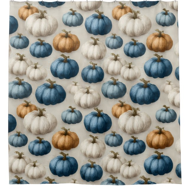 Rustikale blaue und neutrale Pumpkins Duschvorhang (Vorderseite)