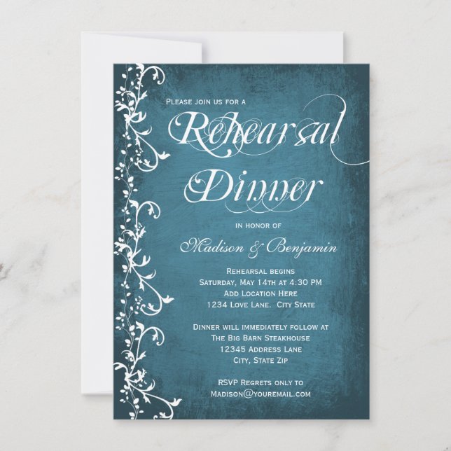 Rustikale blaue Wirbel Hochzeitsprobe-Abendessen-E Einladung (Vorderseite)