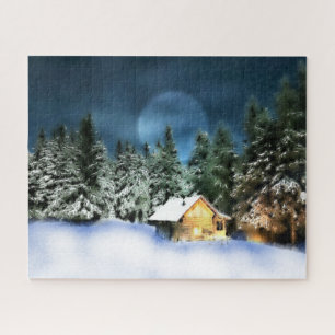 Rustikale Blockhütte Vollmond Puzzle
